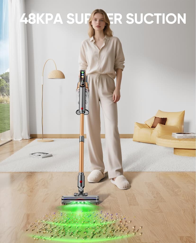 Cordless Vacuum Cleaner, 580W/48KPA/65Mins Vacuum Cleaners for Home, Super 1.8L Cup& Large LED Screen Stick Vacuum Anti-Tangle, Lightweight Cordless Vacuum with Charging Dock for Pet Hair/Carpet/Floor
