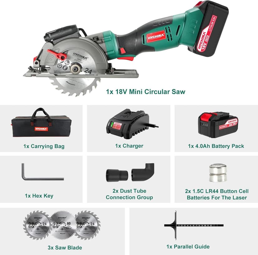 HYCHIKA Cordless Circular Saw, 18V Mini Circular Saw with 4.0Ah Battery, 3 Blades(4-1/2",4-9/10"), 3500RPM Max Cuting Depth:90°(48mm)/45°(32mm), Compact Circular Saw for Wood, Plastic and Soft Metal