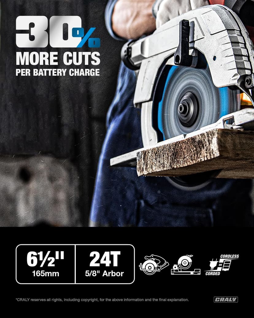 CRALY 6-1/2 Inch 24 Teeth Wood Cutting Framing Circular Saw Blade, 5/8 Inch Arbor, Carbide Tipped, Thin Kerf, Black Ice™ Coating, for Plywood, MDF, OSB, Laminated(C0624FR)