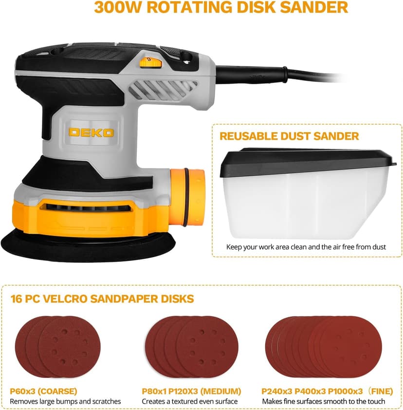 Orbital Sander Corded Hand Sander: DEKOPRO 5" Random Orbital Sander with Dust Box, 6 Various Speeds Electric Palm Sander with Dust Box, 16Pcs Sandpapers for Woodworking & Sanding-Yellow