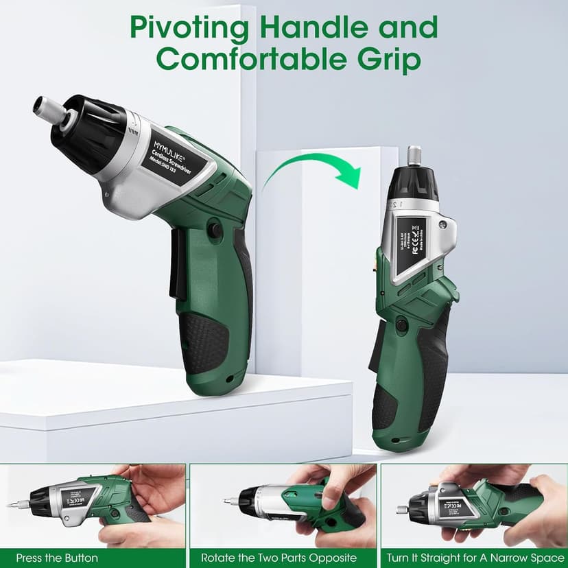 Electric Screwdriver Cordless Set, 3.6V Power Screwdriver Rechargeable with Light, Green Screw Gun with Pivoting Handle and Drill, 49 Pcs Accessories, 6+1 Torque Setting, 2000 mAh Battery