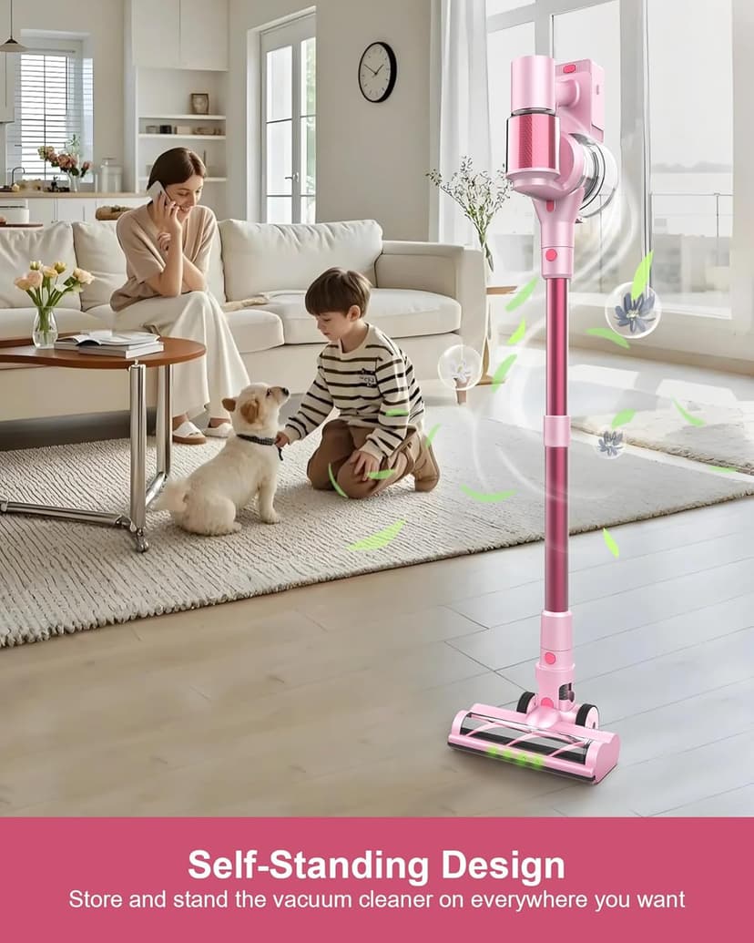 Pink Cordless Vacuum Cleaner, 45Kpa/550W/60 Mins Runtime Stick Vacuum with Self-Standing and Touch Screen, Anti-Tangle Wireless Vacumm, Vacuum Cleaners for Home/Pet Hair/Carpets/Floors