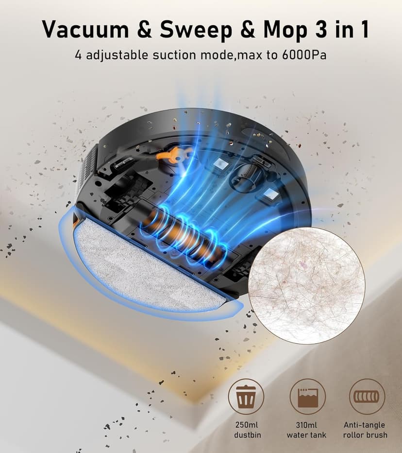 NADALY D200 Robot Vacuum and Mop Combo, Lidar Navigation Robot Vacuum Cleaner, 6000Pa Suction, 200Mins Runtime, Wi-Fi/App/Alexa Control, Self-Recharging Robotic Vacuum for Carpet Pet Hair Hard Floor
