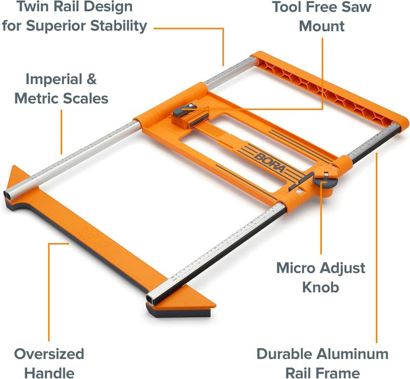 BORA NGX Twin Rail Rip Cut Circular Saw Guide Rail System with Crosscut sled Makes Consistent Straight Repeatable Rip Cuts up to a Half-sheet of Plywood Using a Rip Guide for Circular Saw - 546250