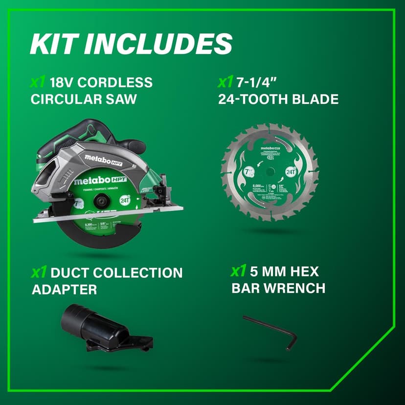 Metabo HPT 18V MultiVolt 7-1/4 Inch Cordless Circular Saw, High Torque, Lightweight Design, Up to 200 2x4 Cuts/Charge, Accepts 18V and 36V MultiVolt Metabo HPT Batteries, Tool Body Only, C1807DAQ4