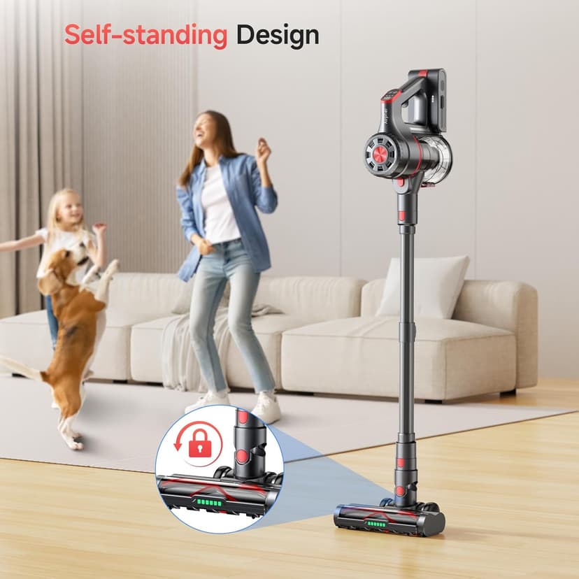 Cordless Vacuum Cleaner, 550W 45KPA Dual Motor Stick Vacuum for Home with 70mins Runtime, 6 LED Green Headlights, Self-Standing Design, V-Shaped Floor Brush for Carpet Tile Pet Hair Hardwood Floors