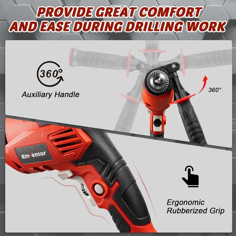 Enventor 7.5 Amp Hammer Drill, 1/2 Inch Electric Drill Hammer, 900W 0-3000RPM Variable Speed, 360° Auxiliary Handle, Lightweight Corded Hammer & Drill 2 in 1 Functions with 9pcs Bit for Metal, Wood