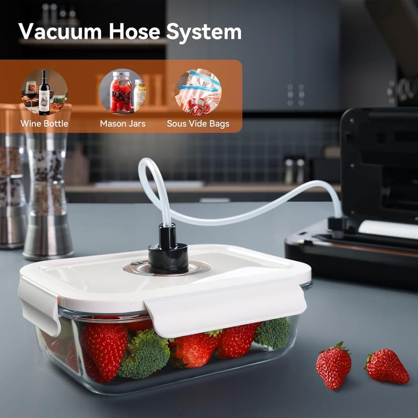 Vacuum Sealer Machine, Food Sealer Machine 80KPA Automatic 8-IN-1 for Food Saving Dry/Moist Mode with Build-in Cutter&Storage, Digital Countdown, Air Suction Hose, 2 Roll-Bags, 11 Vacuum Bags