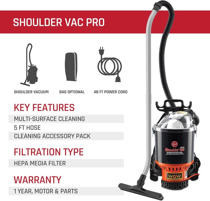 Hoover Commercial Shoulder Vac Pro Backpack Bagged Vacuum Cleaner, with HEPA Media Filter, Lightweight with Extra Long Cord, Chiropractic Design, for Carpet and Hard Floors, C2401, Black