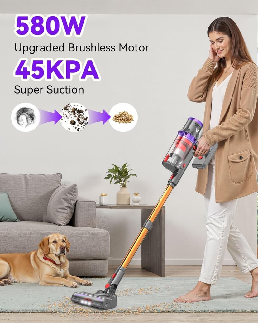 Coovy Cordless Vacuum Cleaner SU7, 580W 45Kpa 70 Minutes Runtime Stick Vacuum with Touch Screen, Anti-Tangle Wireless Powerful Lightweight Vac for Home Pet Hair Carpet Hardwood, Gold