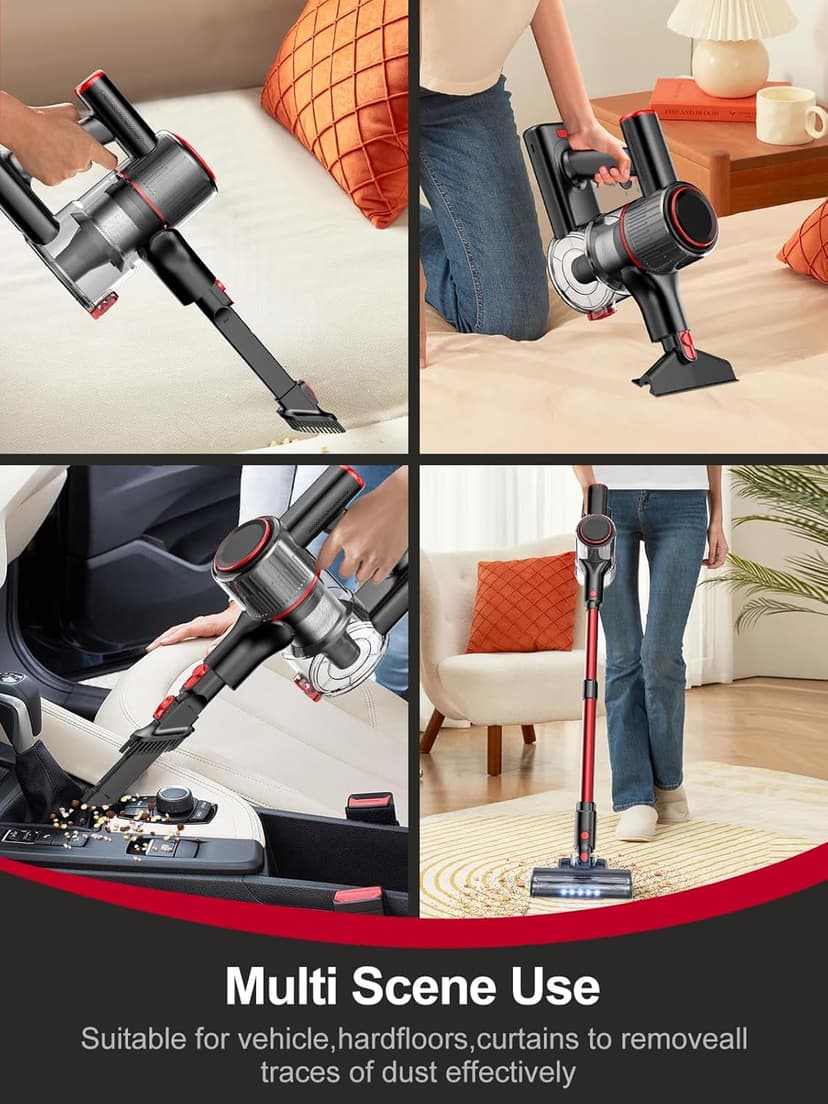 Cordless Vacuum Cleaner, 8-in-1 Vacuum Cleaners for Home, 45Mins Runtime, Anti-Tangle Stick Vacuum with LED Display, Rechargeable Lightweight Vacuum for Pet Hair/Carpet/Floor (Red)