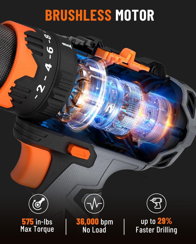 TITANCE X6 Advanced Cordless Drill Driver, 20V Brushless 1/2'' Impact Drill, 575 IN-LBS, 36000 BPM, 3-IN-1 Mode, 2-Speed, Metal Chuck, 2.0Ah Battery, Driver Kit for DIY Project & Home Use