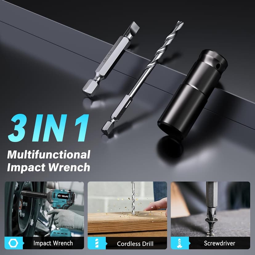 GEVEELIFE 450N.m/332Ft-lbs Brushless Impact Wrench,1/2" Cordless Impact Gun with 4.0Ah Battery & 6 Sockets, Electric Impact Driver for Car/DIY Furniture/Lawn Mower/blue (450N)