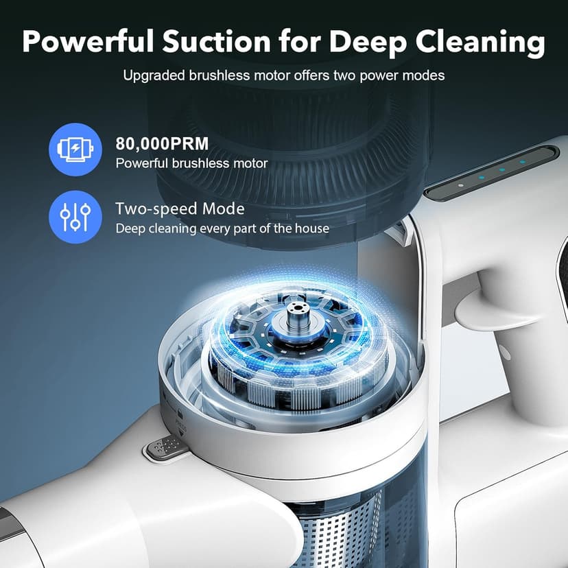 Vacuum Cleaners for Home, 80,000PRM Powerful Motor Cordless Vacuum with Removable 2200mAH Battery up to 35 Mins Worktime, 2 Adjustable Modes and Detachable Parts Stick Vacuum (Marble White)