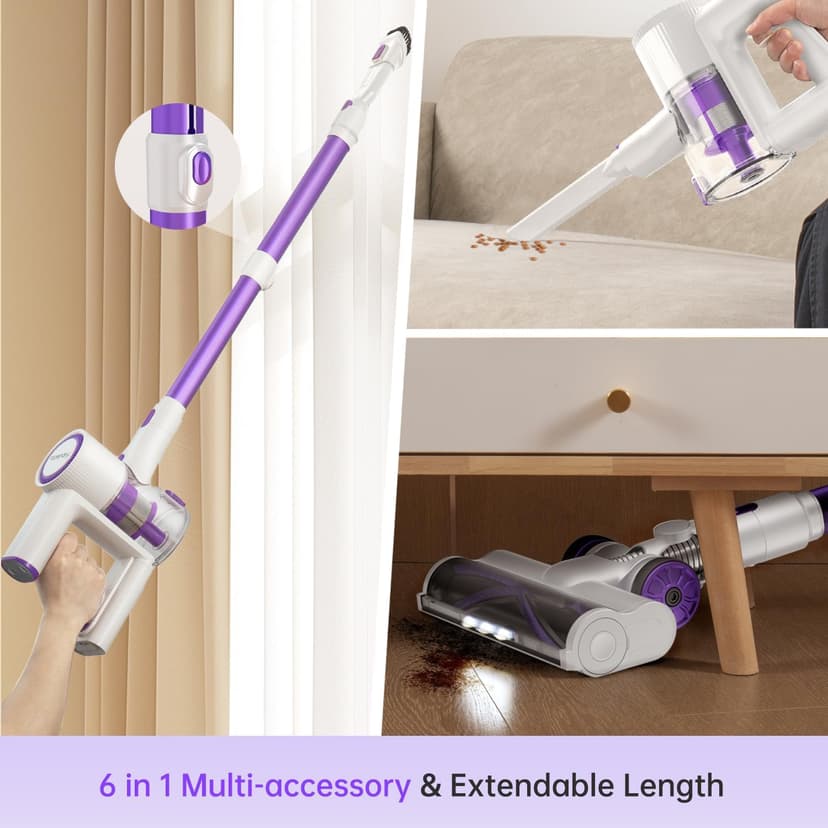FABULETTA Cordless Vacuum Cleaner for Home, 500W Lightweight Vacuum Cleaner with MAX 50 Min Detachable Battery, Brushless Motor, 6 in 1 Stick Vacuum for Hardwood Floors and Carpet Pet Hair Car（Purple）