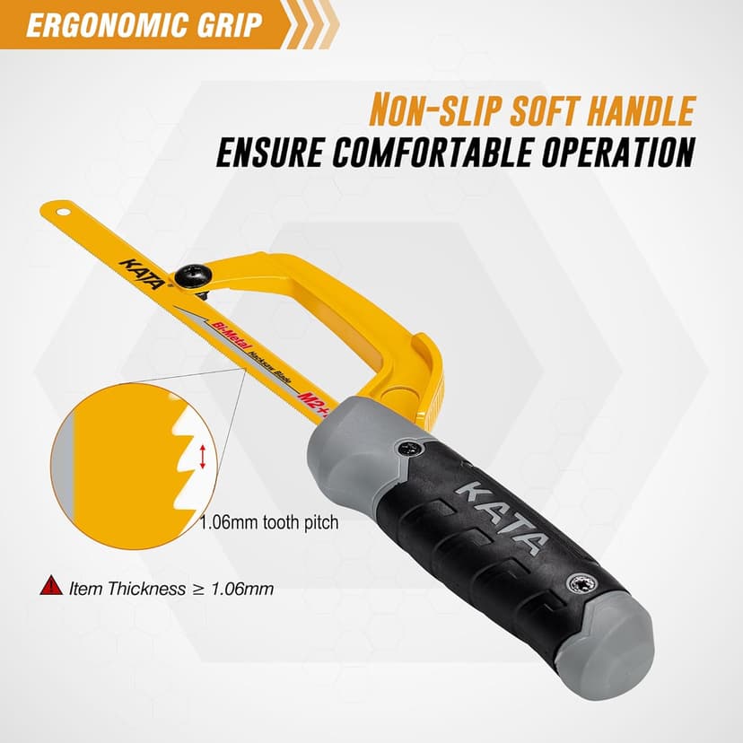 KATA Hacksaw, Compact Hand Operating Hack Saw with 10 Inch Aluminum Frame and 2 Piece Extra Flexible Bi-Metal HSS Blades, Suitable for Wood and Metal (Mini Hacksaw)