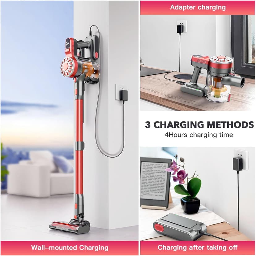 Cordless Vacuum Cleaners for Home with Powerful Suction,Stick Vacuum Cordless Rechargeable,Up to 35 Mins Runtime,Lightweight Hardwood Floor Vacuum for Pet Hair,Carpet(Light Red)