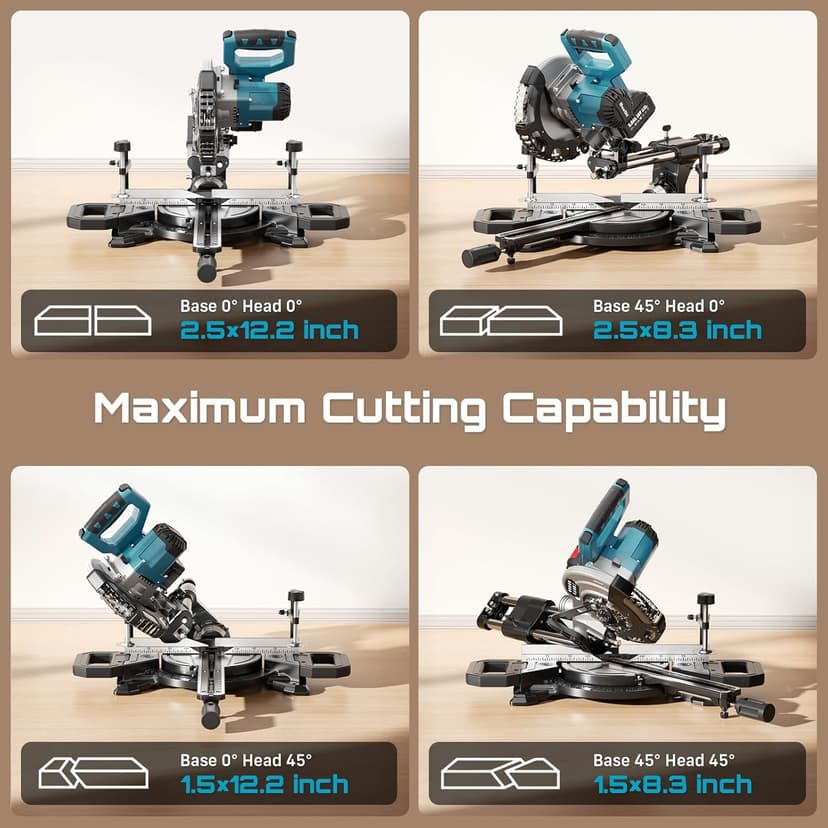 SEESII Sliding Compound Miter Saw: Cordless Power Miter Saw with Laser Guide 8-Inch, 2 * 5000 mAh Batteries, Single Bevel 45°, 24T TCT Blade, Max Cut 2.5×12-inch, Ideal for DIY & Woodworking