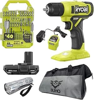 Drill Set Bundle with Ryobi 18V Cordless Drill, 1.5 Ah Lithium-ion Battery, 18-Volt Battery Charger, 40 Piece Multipurpose Drill Bits, and Buho 16 Inch Tool Bag with Outside Pockets
