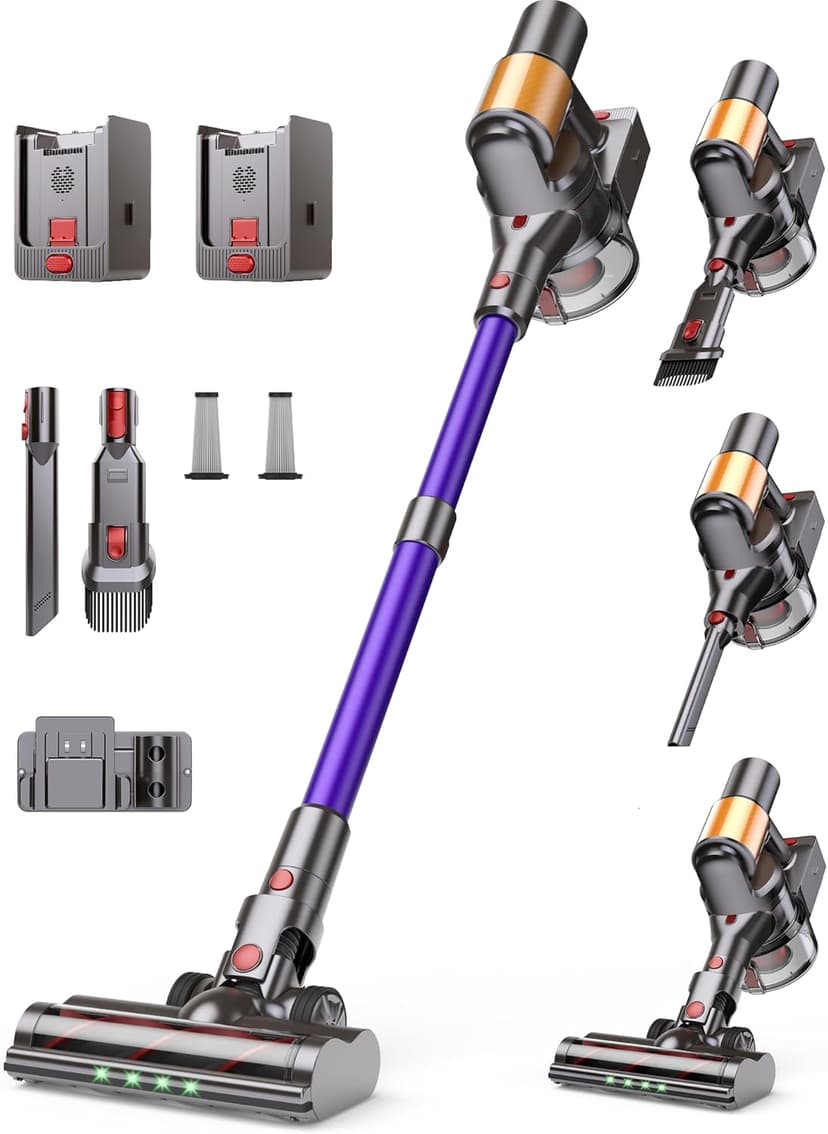 Cordless Vacuum Cleaner, 2 Batteries 120 Mins Runtime, 550W 45KPA Stick Vacuum with Self-Standing, Tangle-Free Brush, LED Display, Vacuum Cleaner for Home Hardwood Floor, Carpet, Pet Hair