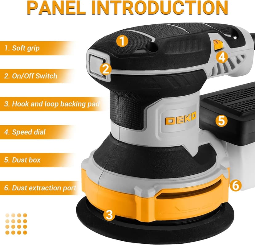 Orbital Sander Corded Hand Sander: DEKOPRO 5" Random Orbital Sander with Dust Box, 6 Various Speeds Electric Palm Sander with Dust Box, 16Pcs Sandpapers for Woodworking & Sanding-Yellow