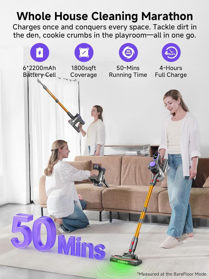 MONSGA Cordless Vacuum Cleaner, 45KPa 400W Stick Vacuum for Home, 50Mins Anti-Tangled Vacuum Cleaner with Charging Dock, Light-Weighted Handheld Vacuum for Pet Hair/Carpet/Floor, LED Display, MV3