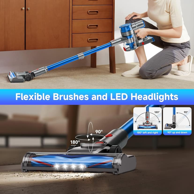 Cordless Vacuum Cleaner for Home, Powerful Stick Vacuum Cleaner with Rechargeable Battery, 6 in 1 Lightweight Handheld Vacuum, 45 Mins Runtime Cordless Vacuum for Hardfloor & Carpets Pet Hair,Blue