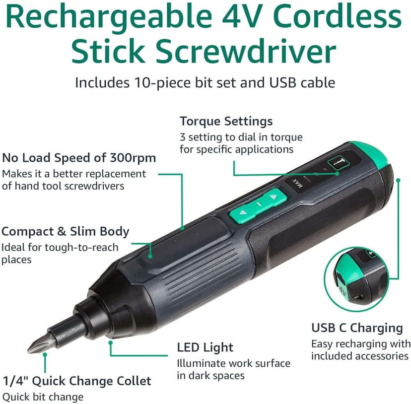 Amazon Basics by SKIL 4V Cordless Stick Screwdriver with 10-Piece Bit Set and USB Cable(Previously Denali brand)