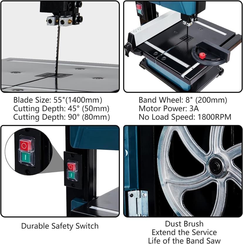 Bandsaw,3-Amp & 8-Inch Band Saw, 1800FPM Benchtop Bandsaw with Removable Safty Key, 0-45 Tilting Range, Saw For Cutting Wood with Fence and Miter Gauge, Band Saws for Woodworking
