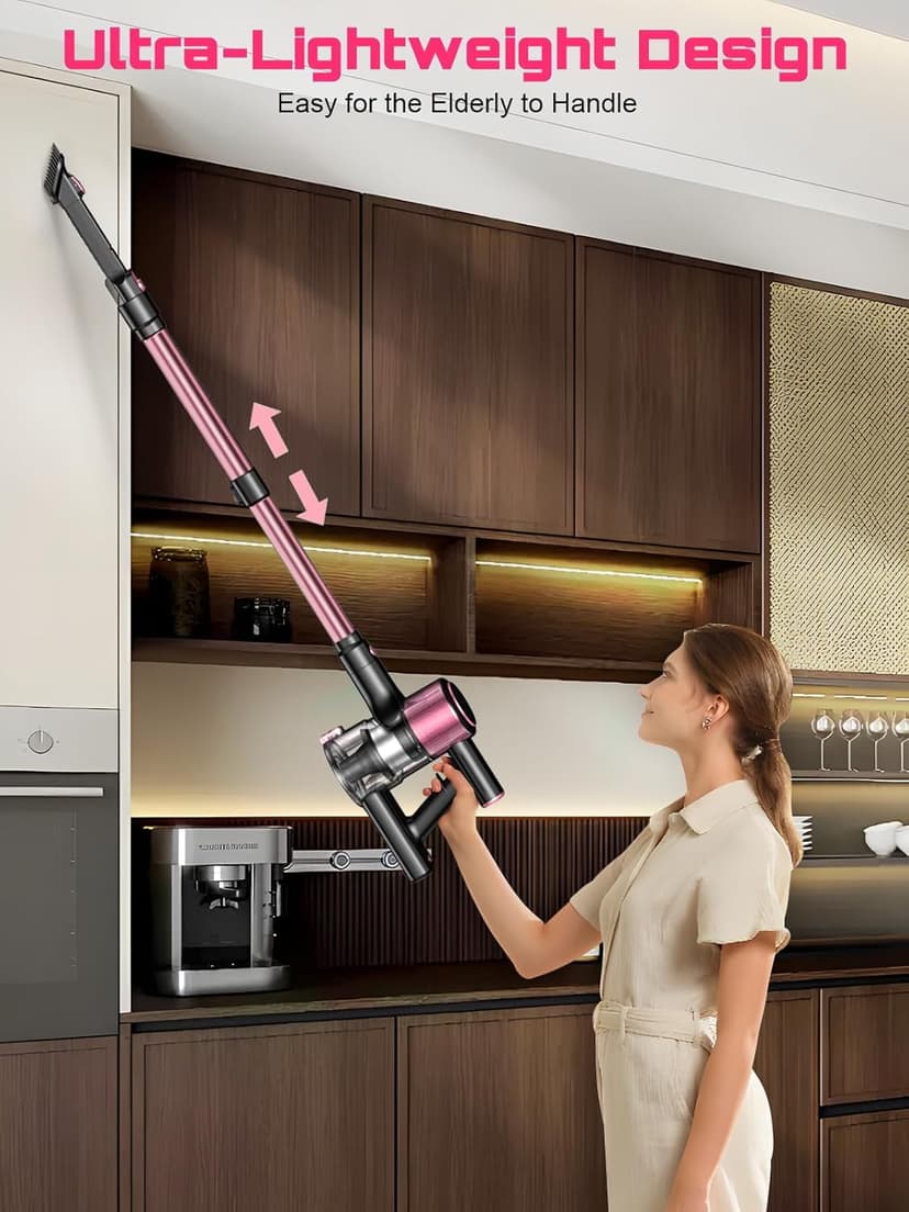 Cordless Vacuum Cleaner, 10 in 1 Stick Vacuum with Powerful Suction, Hose, Green LED Light, Anti-Tangle Brush, Lightweight Rechargeable Vacuum Cleaner for Home, Hardwood Floors, Carpets, Pet Hair,Pink