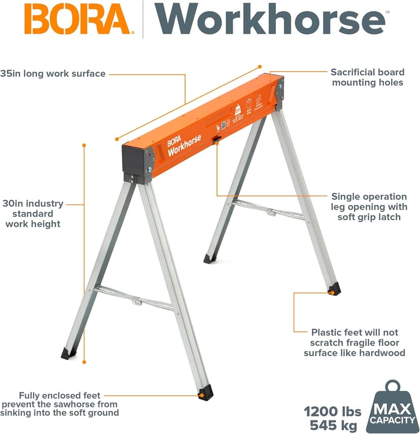 BORA Workhorse Saw Horses 2 Pack Folding Heavy Duty Sawhorse Pair - Heavy Duty Saw Horse for Contractors Portable Workbench - PM-3330T