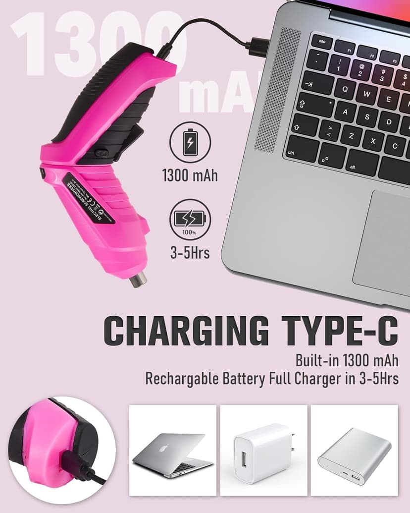 Pink Cordless Electric Screwdriver Set, 3.7V Rechargeable Small Electric Drill with 25pcs Driver Bit Set, Power 3Nm Screw Gun with 2 Position Handle, Flexible Shaft LED Light for Women