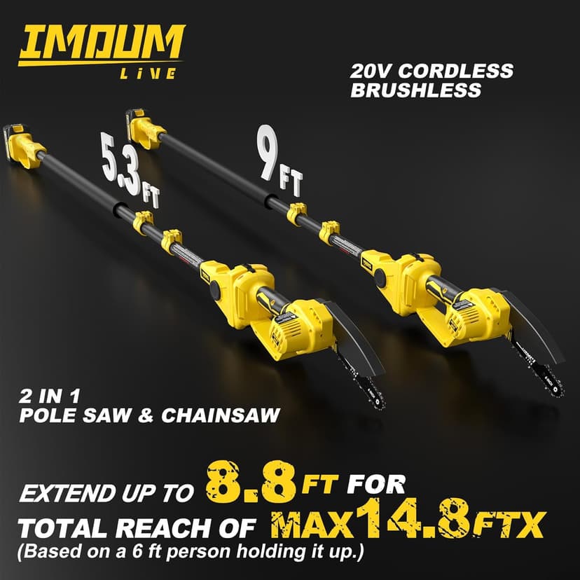 IMOUMLIVE 2-IN-1 Cordless Pole Saw & Mini Chainsaw, 21V 3.0Ah Battery Powered 6 Inch Electric Pole Chainsaw, 6.6 LB Lightweight, 14.8-Foot MAX Reach Pole Saw for Tree Trimming