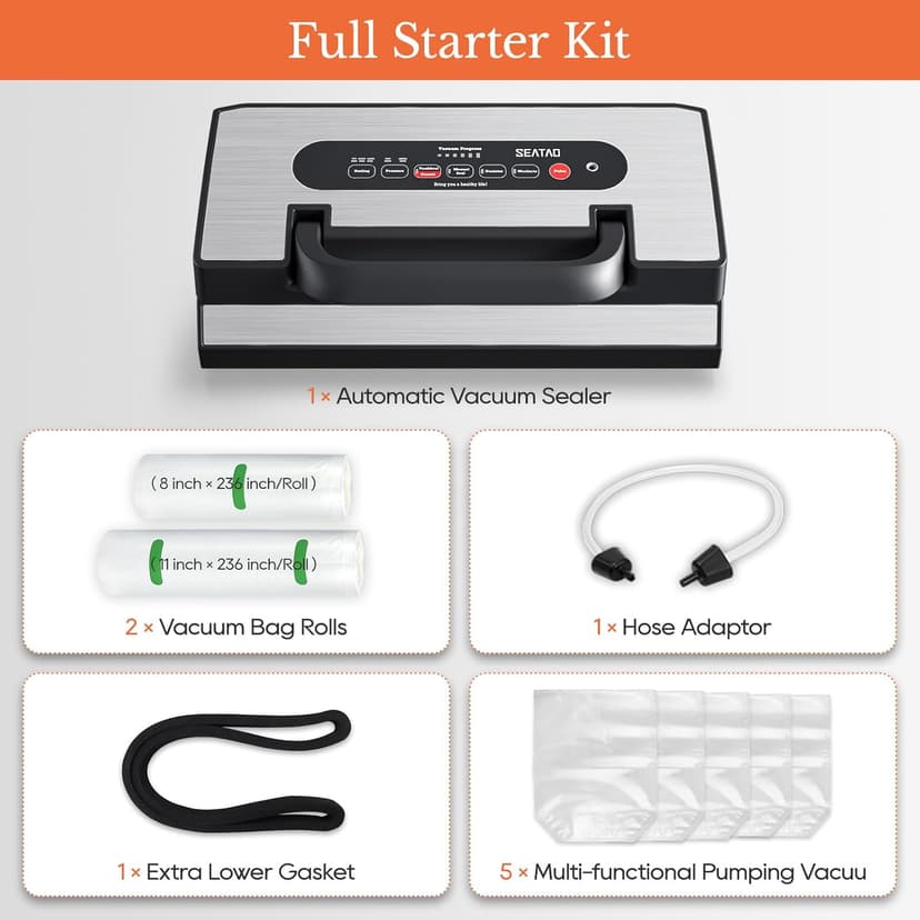 Upgraded Vacuum Sealer for Liquid, SEATAO 90Kpa Vacuum Sealer Machine for Dry/Moist/Liquid Food, Easy-Lock Handle, Double Heat Seal, Built-in Cutter and Bag Storage & Removable Drip Tray