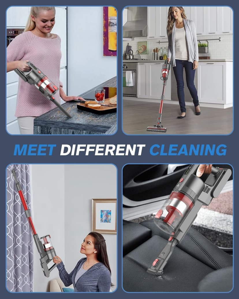 Cordless Rechargeable Vacuum Cleaners, Powerful Vacuum Up to 35 Mins Runtime with 85,000PRM Motor, 2 Adjustable Suction for Home (Gray Red)