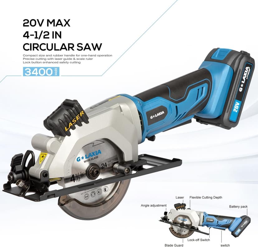 Mini Circular Saw, 4-1/2" 3400RPM Cordless Circular Saw with Laser Guide, Rip Guide, Compact Hand Saw with 2Pcs blades（24T+60T), Max Cutting Depth 1-11/16"(90°), 1-1/8"(45°)