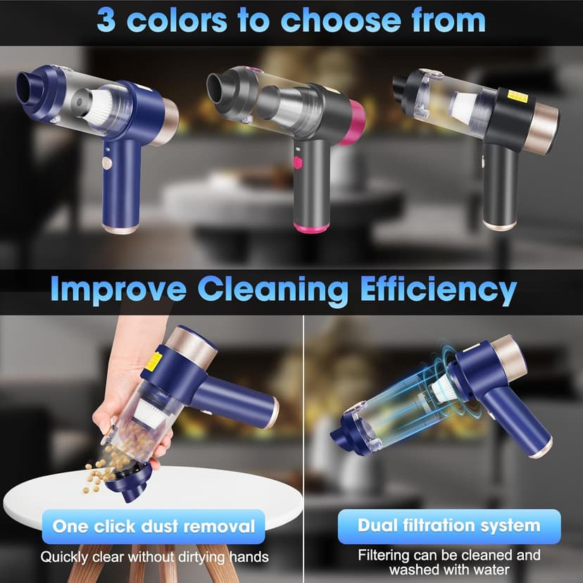 Handheld Car Vacuum Cleaner Rechargeable Mini Vacuum Cleaner with Led 4-in-1 Aspiradora para Carro High Power Hand Held Vacuum Portable Cordless for Car, Home, Pet, Office（Blue）