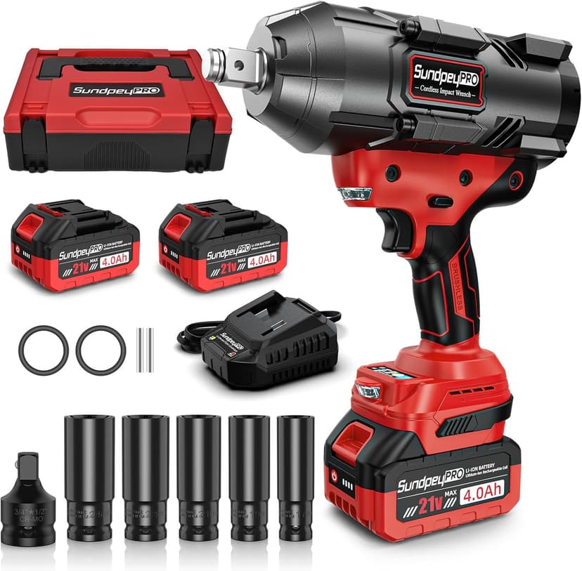Cordless Impact Wrench 1600Ft-lbs - 2100N·m High Torque Impact Gun with 2 * 4.0Ah Battery - 3/4 Inch Brushless Impact Driver with 3/4" to 1/2" Adapter & 5 Sockets & Case for Car Truck Home