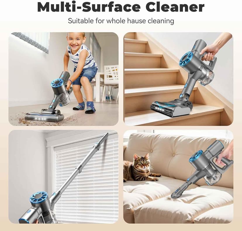 Cordless Stick Vacuum Cleaner with Self-Standing, 8-in-1 Vacuum Cleaners for Home, Lightweight Powerful Vacuum with LED Screen, Rechargeable Vacuum for Carpet, Pet Hair, Tile, Hardwood Floors