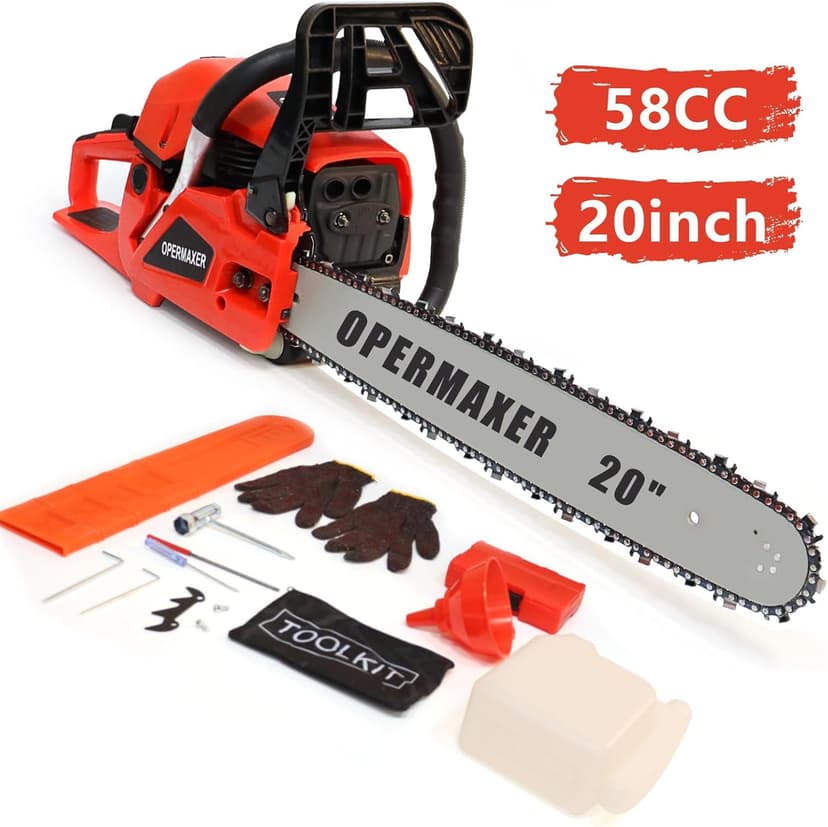 58CC 20 Inch 2-Cycle Gas Powered Chainsaw, 12500r/min 3.8 HP Chainsaw Gas Powered, Low Kickback, Anti-Vibration, Protective Design for Tree Wood Cutting(Red)