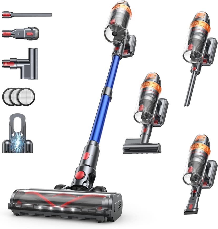 Cordless Vacuum Cleaner, 600W 45KPA with Upholstery Cleaning Tool, Stick Vacuum Cleaners for Home 60 Mins Runtime, Self-Standing, Wall Mount Charging, Rechargeable Vacuum for Floor Carpet Pet Hair