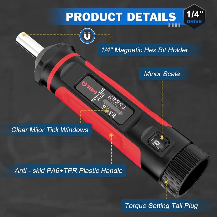 VANPO Torque Screwdriver, 10-90In-lb Torque Screw Driver Wrench Driver Set, 1/4” Drive Inch Pounds Torque Wrench Screwdriver with 60 S2 Bits for Maintenance, Tools, DIY, Bike Repairing and Mounting