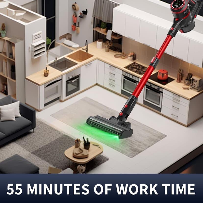 Vacuum Cleaners for Home, Lightweight Cordless Vacuum Cleaner for Hard Carpet, Hard Floor, Pet Hair, 30Kpa Vacuum Cleaner with HEPA Filter, Side Light, Max 55 Mins, Full Touch Screen