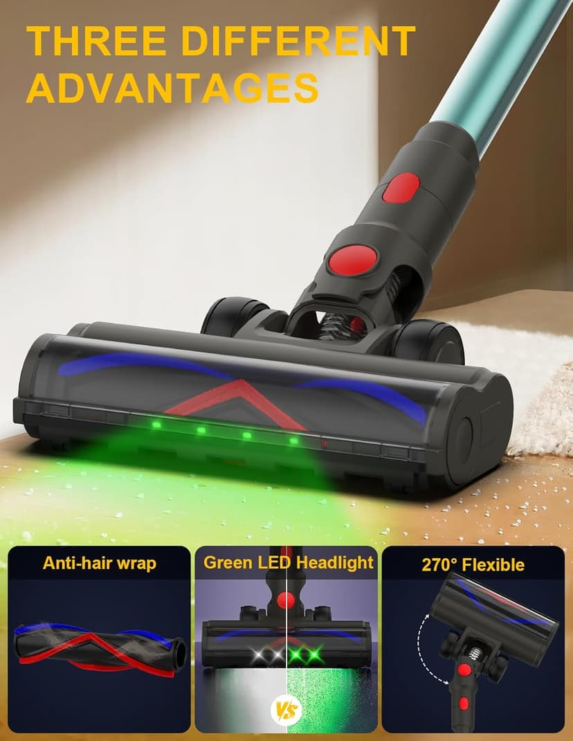 Cordless Vacuum Cleaner,550W/45KP/60Mins Stick Vacuum Cordless Rechargeable for Home/CarPet/Pet Hair/Floor-3 Suction Modes,Smart Screen&Headlight,Self-Standing,Removable Battery,Lighweight,Anti-Tangle
