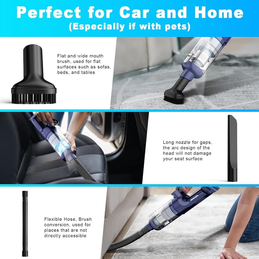 Handheld Vacuum Cordless - Car Vacuum Cleaner with Brushless Motor, 15000Pa Strong Suction with LED Light, Type C Cable, 2 Fliters, Portable Hand Vacuum for Car, Home, and Office