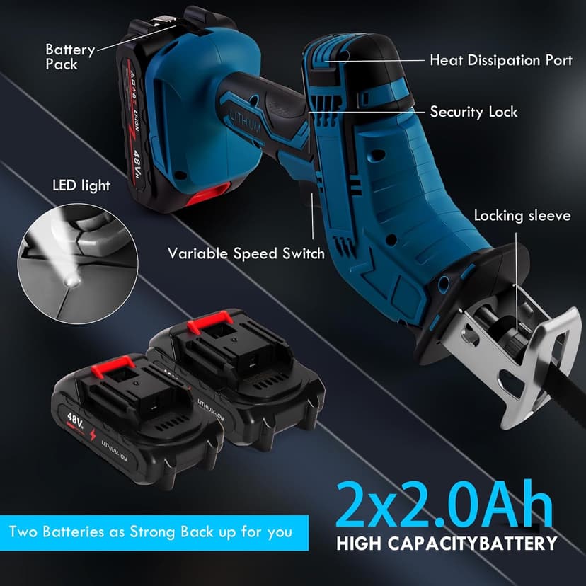 Reciprocating Saw Cordless, Variable Speed 3000 RPM Brushless Motor with 8 Saw Blades, 2 x 2.0Ah Batteries, LED Light, Tool‑Free Blade Change, Portable for Wood PVC Cutting