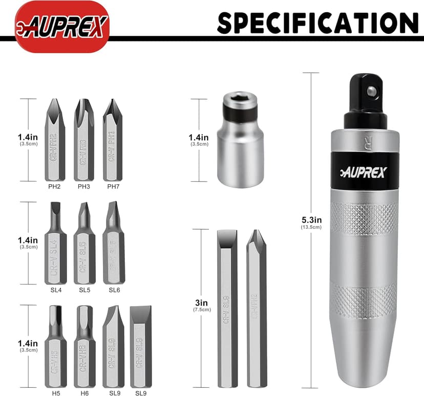 Manual Impact Screwdriver, 1/2” Reversible Hand Impact Driver Set, Hammer Screwdriver with 12-Piece CR-V Slotted, Phillips, Hexagonal Bits Set for Removing Rusted Fasteners or Frozen Bolts