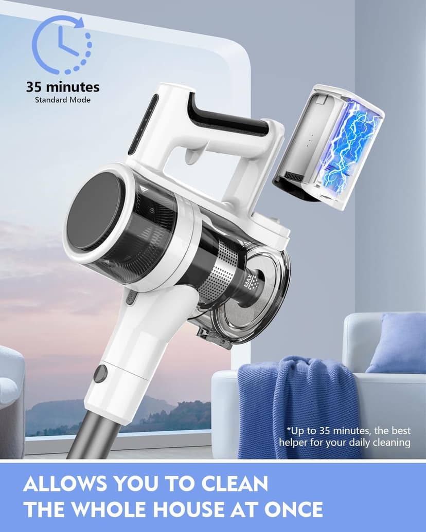 Cordless Vacuum Cleaner, 80,000 RPM Motor and Power Filtration, Stick Vacuum with 2200 mAh Battery, 35 Mins Worktime, 2 Modes, Rotated Multi-Heads, Height-Adjustable Vacuum for Home (Gray Nickel)