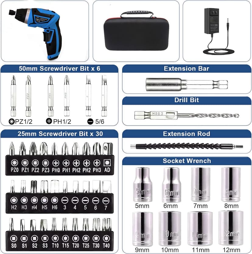 8V Cordless Screwdriver,6+1 Torque Max 10N·m Electric Power Screwdriver with 47 Accessories,180°Pivoting Handle, 2000mAh Rechargeable Screw Gun&Bit Set with LED Light, Flexible Shaft,for Home,Office