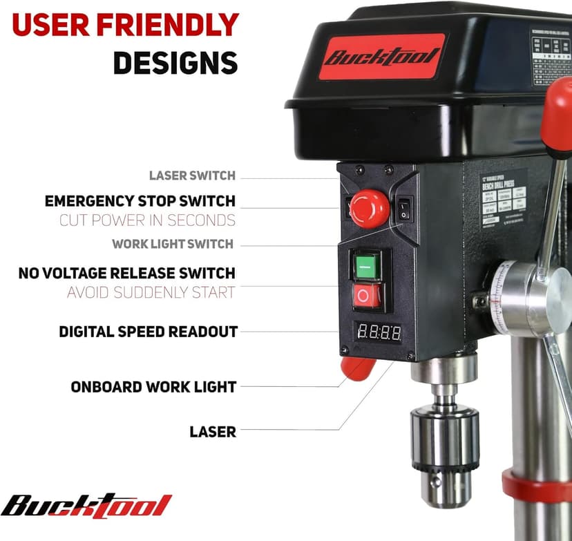 BUCKTOOL 12 INCH 6.2A Professional Bench Drill Press, 3/4HP Powerful Benchtop Drill Press, Variable Speed Drill Press with IIIA Laser and Work Light